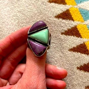 Chunky modern amazonite sugilite sterling ring